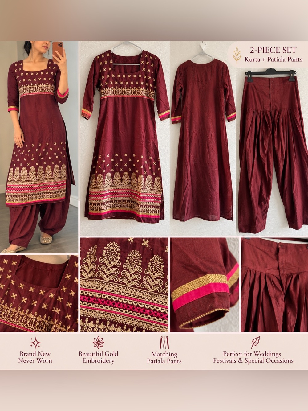 Maroon & Gold Embroidered Indian Kurta Set with Patiala Pants – New